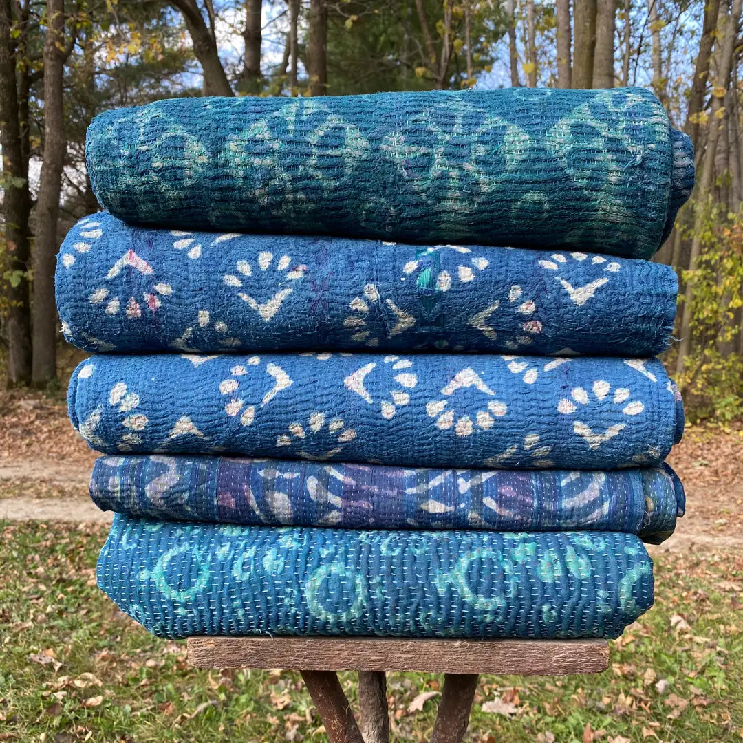 Throw - Kantha XL Indigo Block Print|Recycled Cotton Sarees