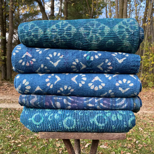 Throw - Kantha XL Indigo Block Print|Recycled Cotton Sarees